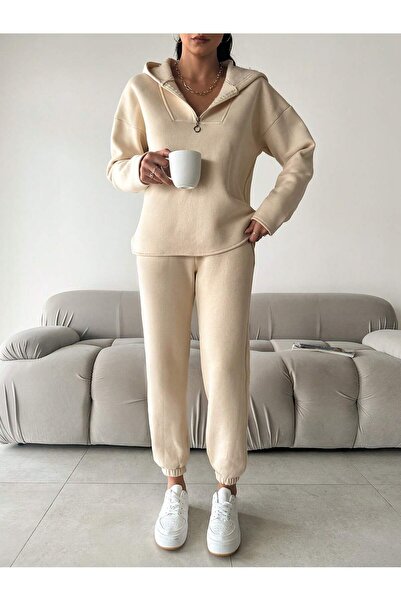 MONAMORE WOMEN'S 3 YARN CHARTED 18 CM ZIPPERED HIP SIZE HOODED TRACKSUIT