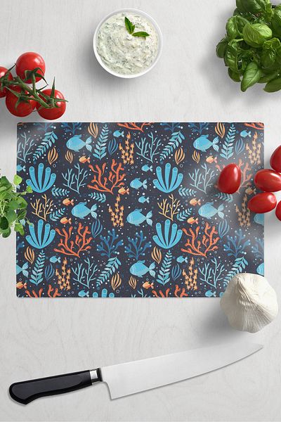 Postifull Cutting Board, Printed on Thick and Unbreakable Glass, Blue Ocean Drawing Printed - 21*30cm, Chopping Board