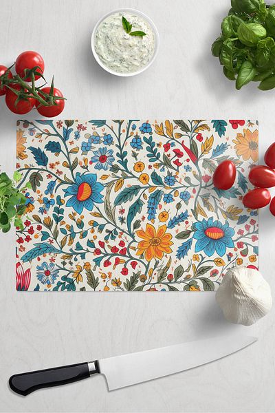 Postifull Cutting Board, Thick and Unbreakable Glass, Colorful Botanical Flower Printed - 21*30cm, Chopping Board