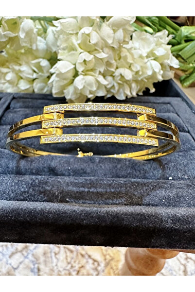 Adel Gold 14 Ayar Üç Sıra Taşlı Cimarlı Kaburga Kelepçe Kadın Bilezik-9,30 gr