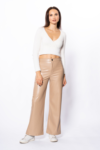 Grenj Fashion Pantaloni bej din piele cu picior lat, cu buzunar