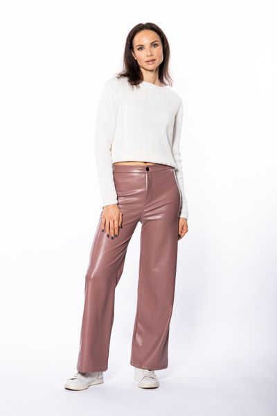 Grenj Fashion Beige Wide Leg Leather Trousers with Pocket Detail
