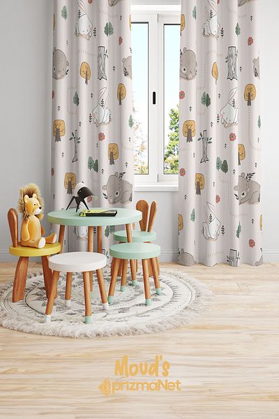 Moud's Rabbit and Teddy Bear Patterned Printed Children's and Baby's Room Background Curtain with 2 Wings - PRD-04