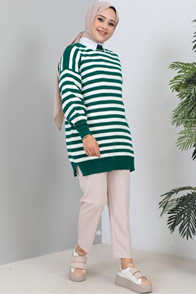 benguen 11007-75 Tricotaj în dungi Tunica Verde Smarald