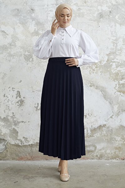 InStyle Luisa Waist Elastic Pleated Skirt - Navy Blue