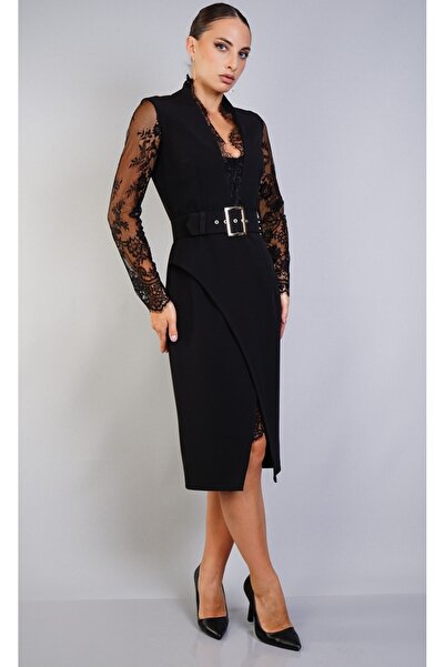 DOJERY Lace Detailed Sleeves and Collar Belt Daily Wear Dress