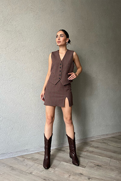 Seda Yalçın Atelier Кафява пола с цепка отпред