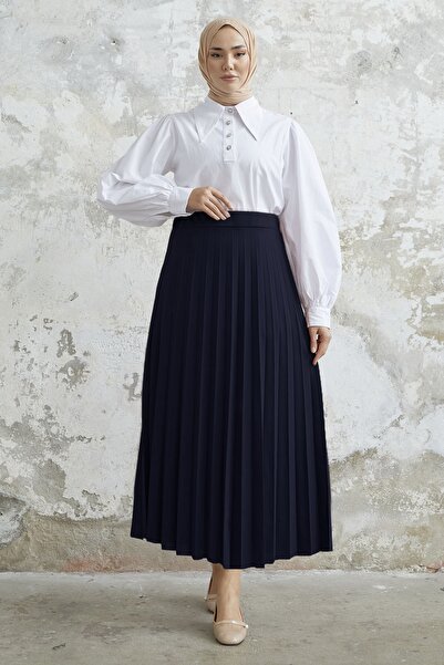 InStyle Luisa Waist Elastic Pleated Skirt - Navy Blue
