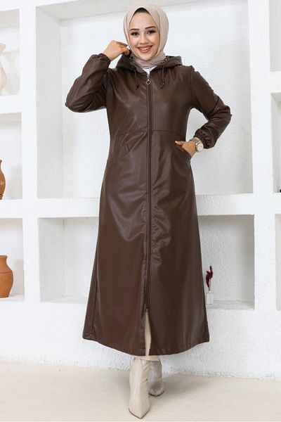 benguen Langer Hijab-Trenchcoat aus braunem Leder Modell 1250 - mit Kapuze