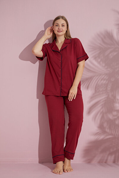 pijamacity Büyük Beden Kadın Bordo Kısa Kollu Pamuklu Düğmeli Biyeli Pijama Takımı