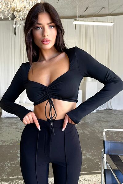 World Fashion Trends Μακρυμάνικη ελαστική μπλούζα με σχοινί V λαιμόκοψη Wft3015B