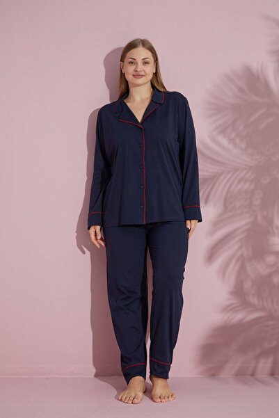 pijamacity Büyük Beden Kadın Lacivert Uzun Kollu Pamuklu Düğmeli Biyeli Pijama Takımı