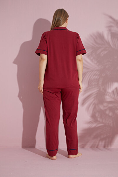 pijamacity Büyük Beden Kadın Bordo Kısa Kollu Pamuklu Düğmeli Biyeli Pijama Takımı