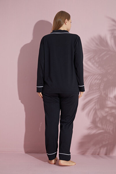pijamacity Büyük Beden Kadın Siyah Uzun Kollu Pamuklu Düğmeli Biyeli Pijama Takımı