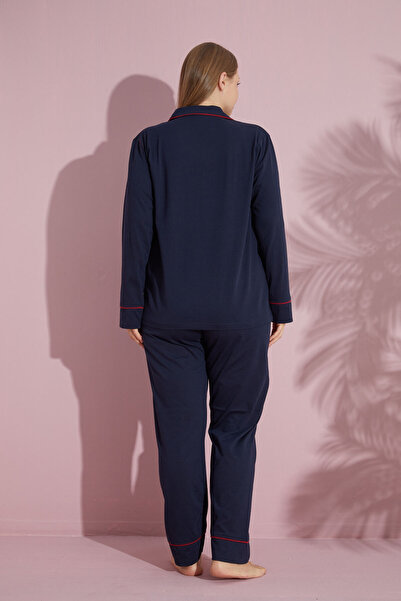 pijamacity Büyük Beden Kadın Lacivert Uzun Kollu Pamuklu Düğmeli Biyeli Pijama Takımı