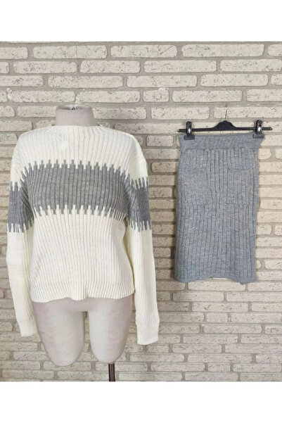 rengamoda Kadın Gri, Cep Detay Etek Kazak Triko Ikili Takım