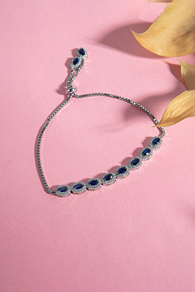 Feays Silver Mavi Oval Taşlı Asansörlü Gümüş Bileklik