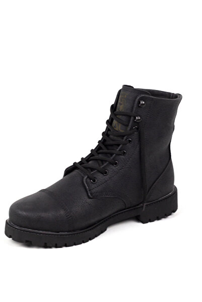 Rainon Store Siyah Deri Yüksek Taban Bağıcıklı Yüksek Boğazlı Spor Bot