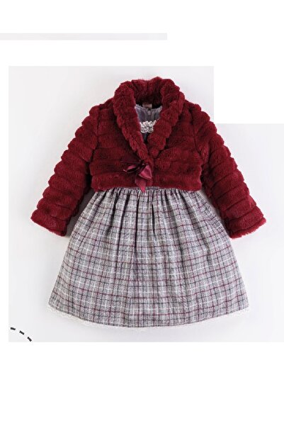 Bombili Pelüş Bolerolu Kareli Keten Elbise