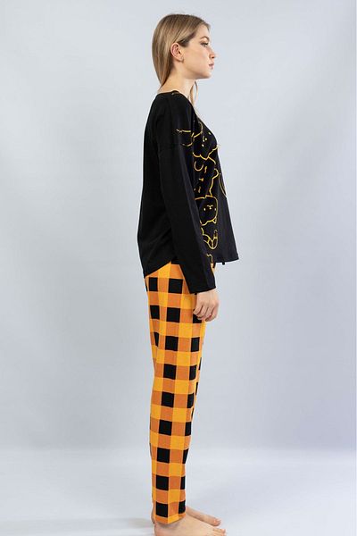 VİENETTA Set de pijamale din bumbac cu mâneci lungi, cu gât rotund, cu fustă ovală, negru, pentru femei