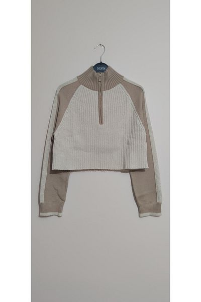 Dilvin 10438 Pulover cu sclipici cu fermoar pe jumătate de pescar-crem