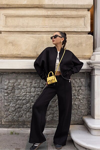 Melinoi طقم سويت شيرت نسائي أسود بخياطة أمامية، طقم بدلة رياضية