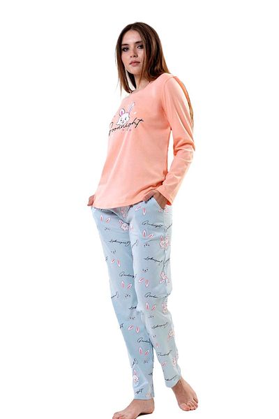 VİENETTA Set de pijamale din bumbac, albastru somon, cu mâneci lungi, cu gât rotund, cu tiv oval, pentru femei