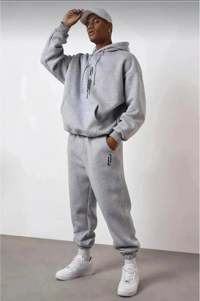 Sky Light Vertical Printed Cotton Tracksuit Set-Hooded Sweatshirt High Waist Jogger
