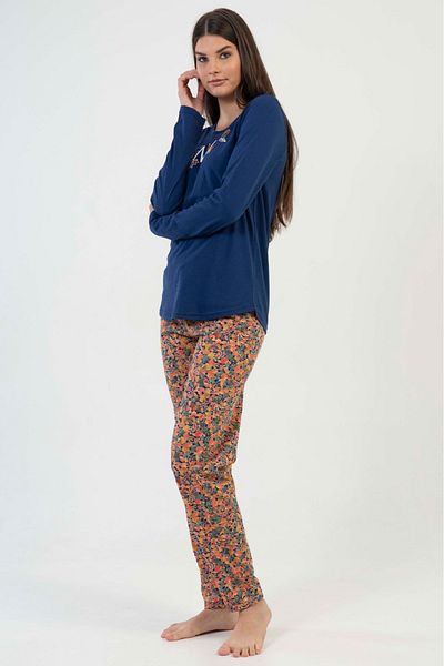 VİENETTA Set de pijamale din bumbac, cu mâneci lungi, cu mâneci lungi, cu gât rotund, albastru bleumarin
