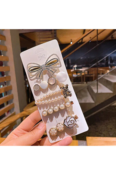 valkyrie Yeni Trend 5 Li Krem Renk Taşlı İncili Toka Seti