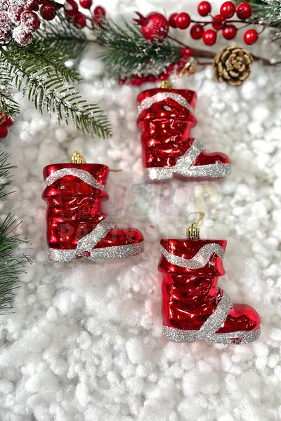 Huzur Party Store Red Metallic Color Silver Glitter Striped Boots 3 Pieces 9 Cm Christmas Pine Tree New Year Tree Ornament