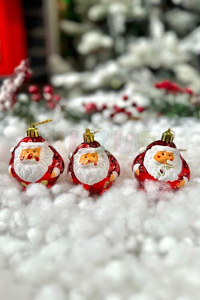 Huzur Party Store Chubby Santa Claus Tree Ornament Red Metallic Color White Bearded 3 Pieces 6 Cm Christmas Pine Tree New Year