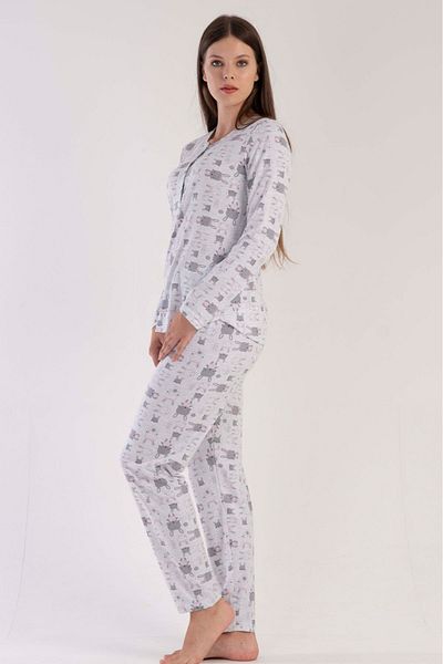 VİENETTA Set de pijamale din bumbac, gri, cu mânecă lungă, cu jumătate de nasturi, cu gât rotund, cu tiv oval