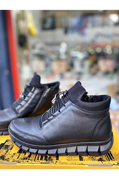 Bulldozer Hakiki Deri Siyah Yumuşak Fermuarlı Lastik Bağcıklı Kadın Bot