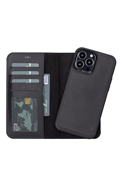 PLM Apple iPhone 13 Pro Uyumlu Deri Cüzdanlı Kılıf Liluri G1 Siyah