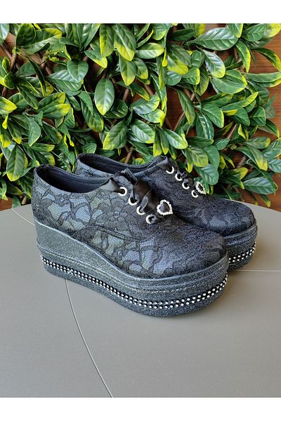 Ayakkabı Tutkusu Stilo ® Black Wedge Heel Floral Lace Wedding Dress Shoes