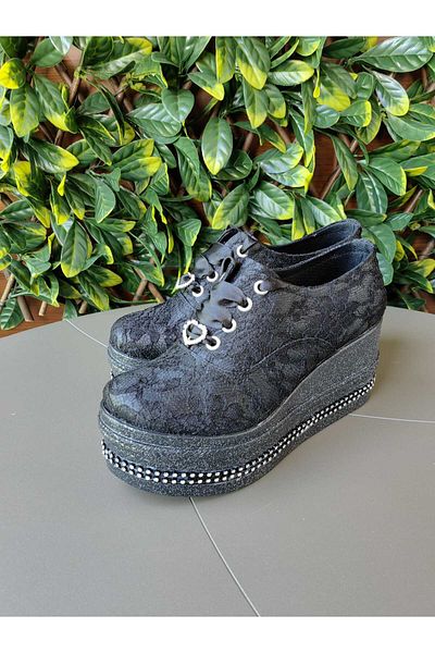 Ayakkabı Tutkusu Stilo ® Black Wedge Heel Floral Lace Wedding Dress Shoes