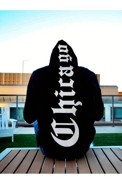 Machetta Φούτερ με κουκούλα Unisex Plus Size Μαύρο Chicago με στάμπα με κουκούλα