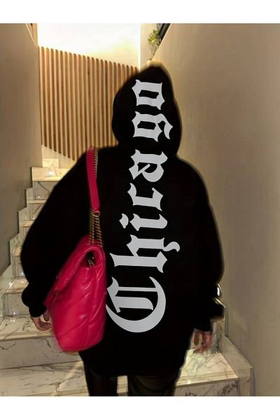 Keywest Hanorac oversize cu glugă, unisex, negru, imprimat Chicago