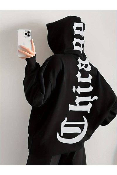 Keywest Hanorac oversize cu glugă, unisex, negru, imprimat Chicago