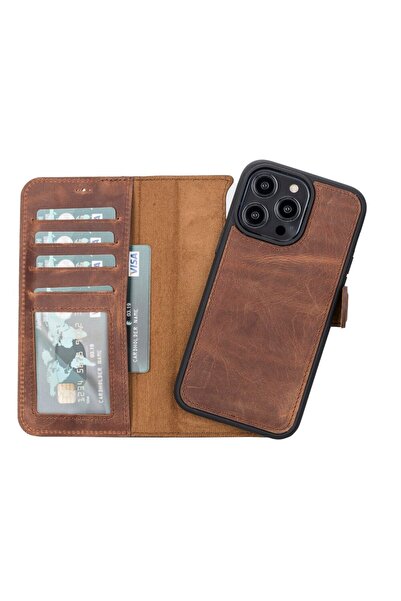 PLM Apple iPhone 14 Pro Max Uyumlu Deri Cüzdanlı Kılıf MWWN G2 Kahve
