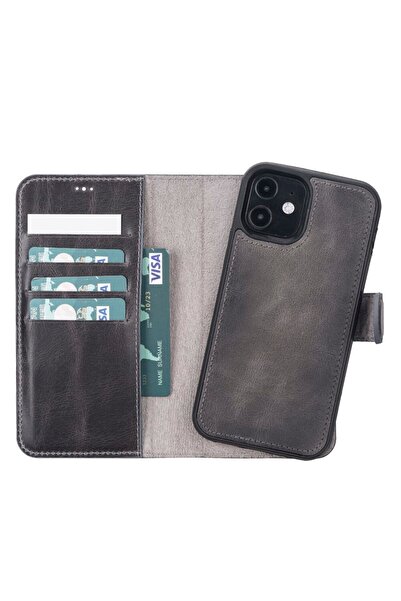 PLM Apple iPhone 12 Pro Uyumlu Deri Cüzdanlı Kılıf VS4EF Gri