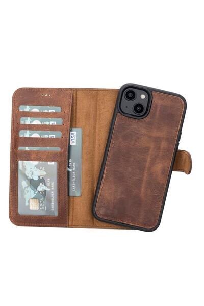 PLM Apple iPhone 14 Plus Uyumlu Deri Cüzdanlı Kılıf MWWN G2 Kahve