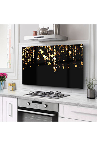 PRATİK DEKOR Ocak Arkası Cam Koruyucu Tezgah Ankastre Arkası Koruyucu 76x49,5 Cm | Gold Yıldız
