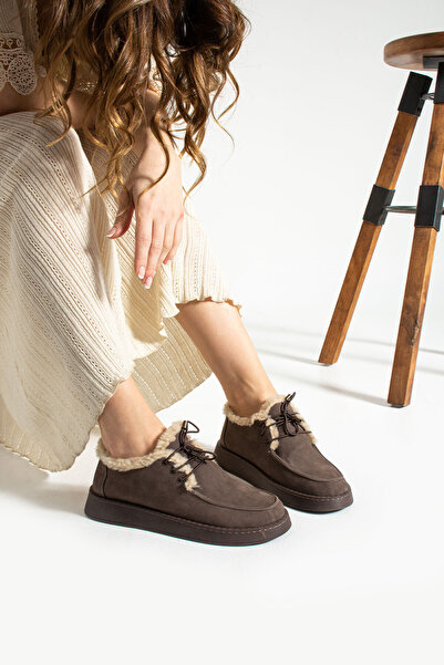 MODELLE SHOES Riva Bağcıklı Nubuk İçi Peluşlu Hakiki Deri Kadın Loafer Ayakkabı