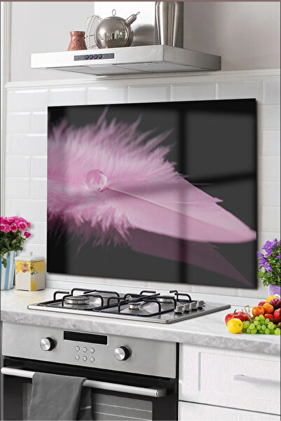 PRATİK DEKOR Protector din sticla pentru spatele aragazului Protector pentru spatele aragazului incorporat 50x50 Cm |   Pene roz