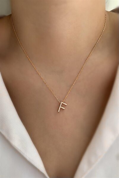 Ziu 925 Ayar Üç Boyutlu Zirkon Taşlı Rose F Harfli Kolye Uzunluk 45 Cm