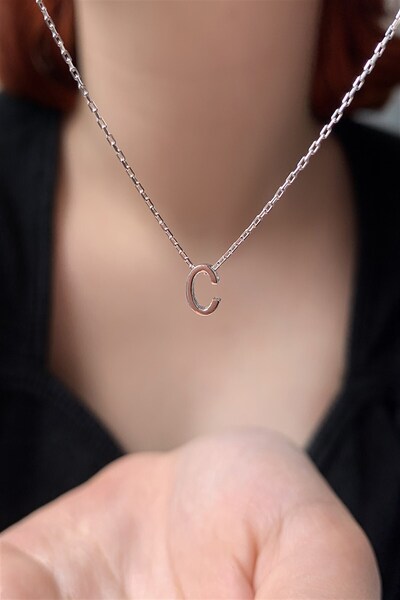 Ziu 925 Ayar Üç Boyutlu Gümüş Kaplama C Harfli Kolye Uzunluk 42 Cm