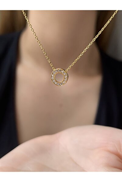 Ziu 925 Ayar Zirkon Taşlı Gold Minimal O Hafli Kolye Uzunluk 42 cm