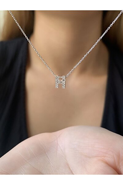 Ziu 925 Ayar Zirkon Taşlı Silver Minimal H Hafli Kolye Uzunluk 42 Cm